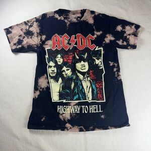 AC/DC Highway To Hell Bleach Tie Dye Graphic T-Shirt Mens Medium Black Rock Tee